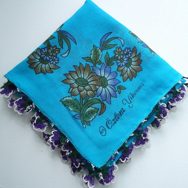 Blue cotton Turkish oya scarf with needle lace oya flowers Vintage oya scarves