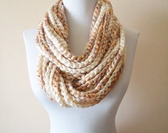 Chain Loop Scarf Crochet Chain Loop Scarf Creamy Brown Circle scarf, Milky Brown Creamy Ombre Crochet Scarf, Chain Circle Scarves