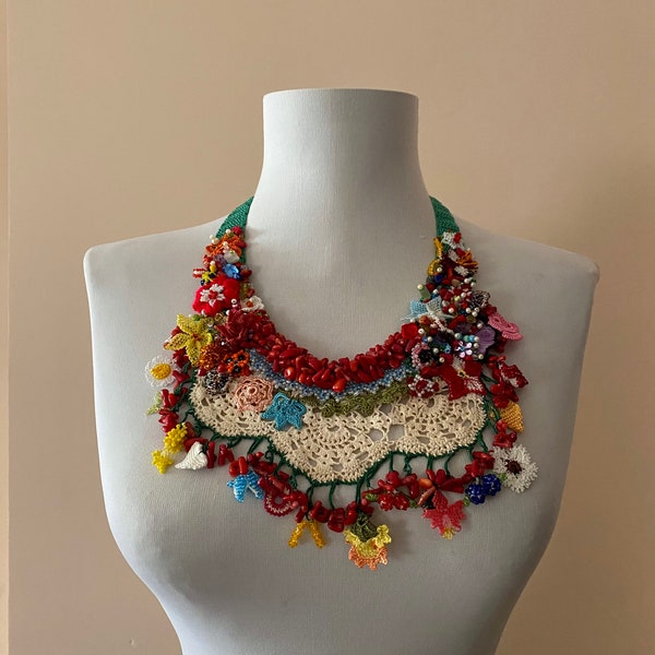 Red Collar Oya Necklace red coral crochet necklace floral crochet oya and lace necklace boho gypsy style necklace