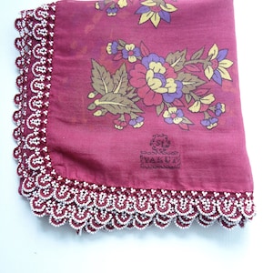 Burgundy cotton Turkish oya scarf, vintage burgundy crochet beaded trim edging wrap