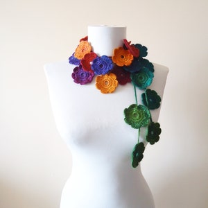 Rainbow Flower Scarf, Crochet Acrylic Floral Lariat Scarf, Gift for Mom