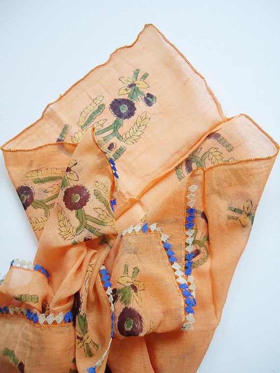 Vintage orange Turkish needle lace oya trim scarf… - image 3