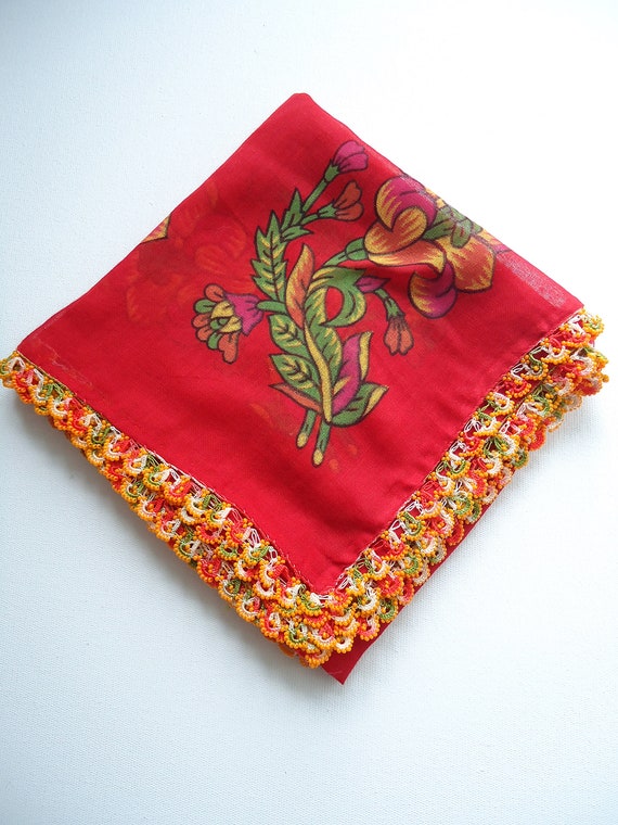 Red cotton Turkish oya scarf, vintage red yellow c