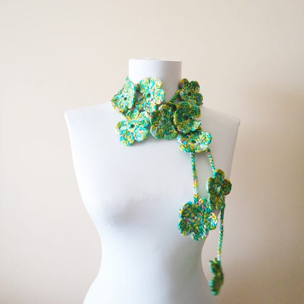 Crochet floral lariat necklace, Green scarf,  Handcrochet neckwarmer,  Green floral neckwarmer