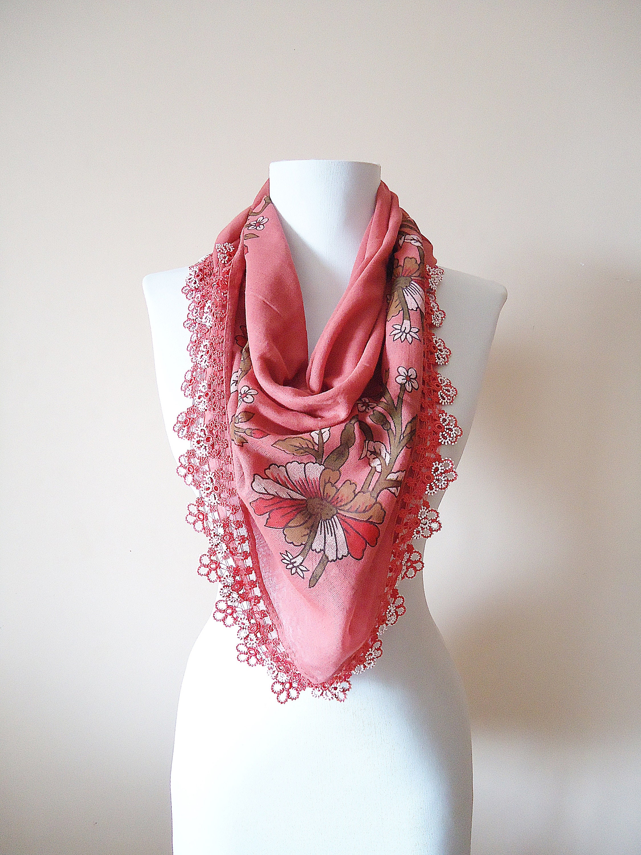 Traditional Turkish Scarf, Ethnic Floral Red Turkish Scarf, Beaded
