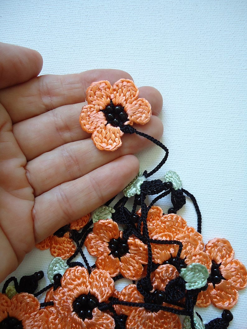 Crochet Oya Necklace Orange Flowers Oya Beaded Lariat Etsy New Zealand