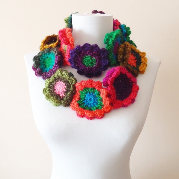 Crochet neckwarmer,  Crochet floral scarf,  Crochet flower neckwarmer colorful scarves xmas gift, gift for her cozy scarves handmade