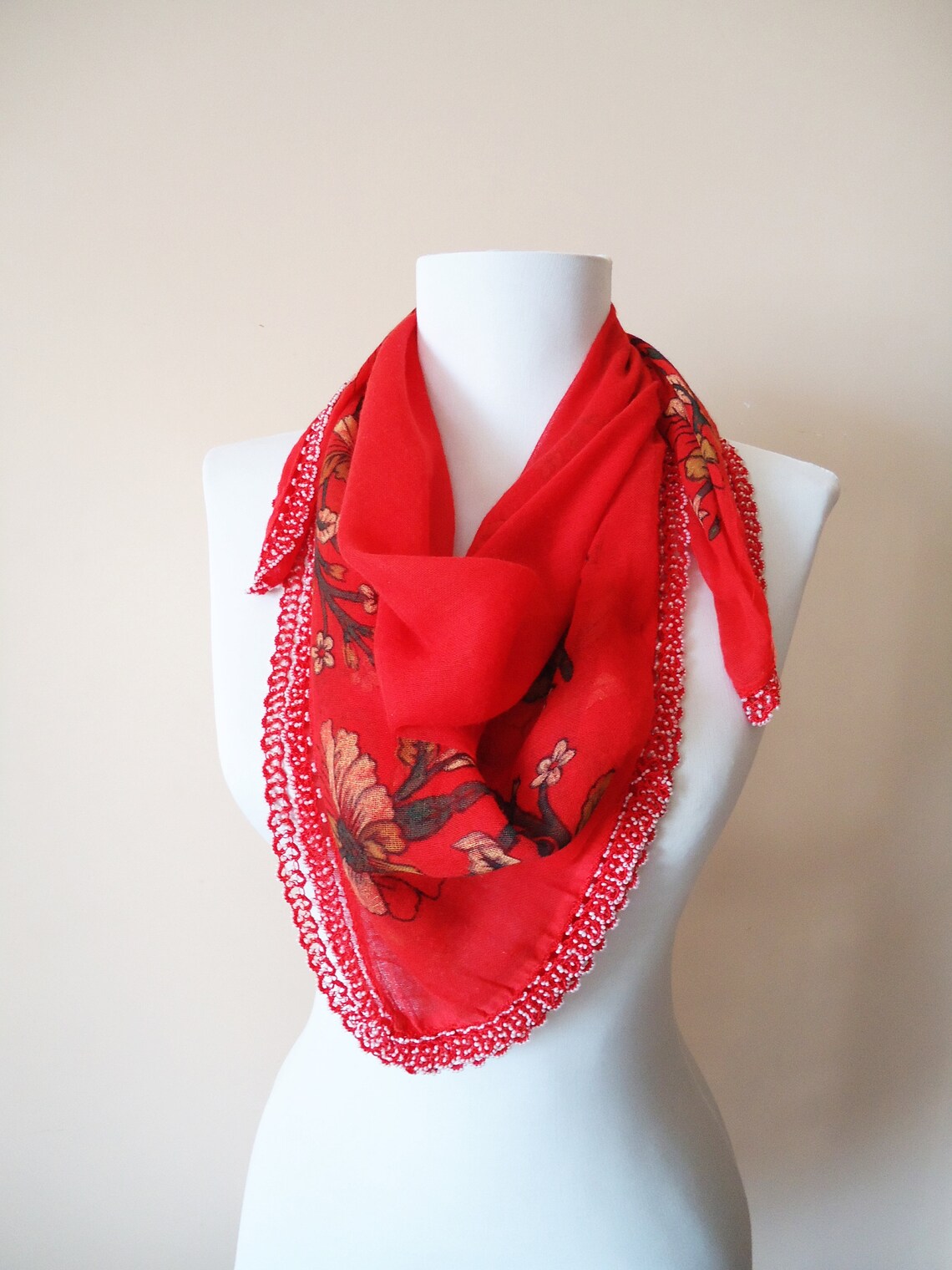 Vintage Red Cotton Scarf Cotton Qauze Scarf Beaded Crochet Etsy UK