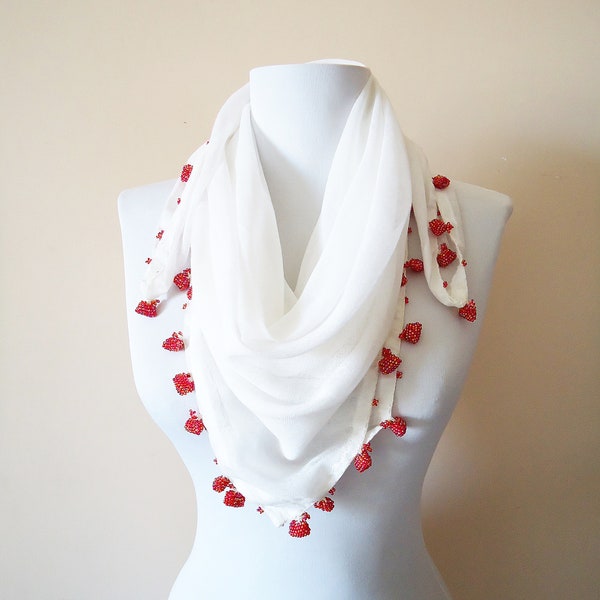 Strawberry beaded croched edge cotton scarf, anatolian white pure cotton scarf, Vintage from my motherinlove dowry chest, Unique gifts