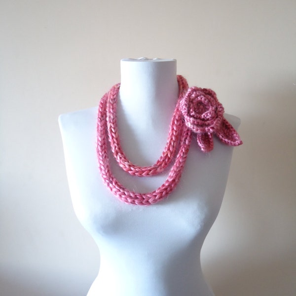 Finger Knit Scarf Pink Crochet Scarf Pink Crochet Necklace Pink Flower Scarf Finger Knitted Scarf Women Accessories