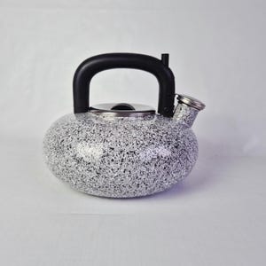 Op de afbeelding: Een gespikkelde grijs-witte waterkoker met een zwarte handgreep en tuit. De waterkoker heeft een ronde body en een zilveren deksel. De tuit heeft een zilveren dop. De waterkoker is ontworpen voor gebruik op het fornuis.