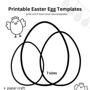 Może przedstawiać: Drukowane szablony jajek wielkanocnych w siedmiu rozmiarach, z czarno-białym konturem trzech nakładających się jajek. Tekst "Printable Easter Egg Templates" znajduje się w górnej części obrazu, a tekst "7 rozmiarów" znajduje się wewnątrz konturów jajek. Tekst "Bush Boo Designs 2024" znajduje się w dolnej części obrazu. Obraz zawiera również czarno-biały kontur kurczaka po obu stronach konturów jajek.