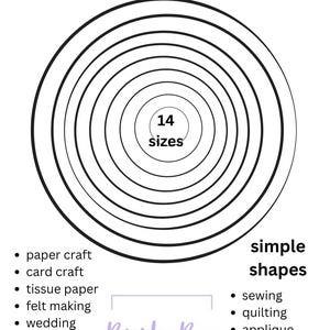 Könnte beinhalten: Eine druckbare Kreisvorlage mit 14 konzentrischen schwarzen Kreisen in verschiedenen Größen. Der Text lautet Printable Circle Templates, print out & trace your own templates, 14 sizes, simple shapes und Bush Boo DESIGNS 2024 mit Bastellisten.