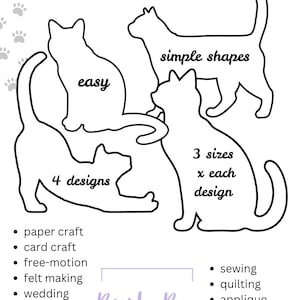 May include: Printable cat templates featuring four distinct feline outlines in black and white. The text reads Printable Cat Templates, print out & trace your own templates, easy, simple shapes, 4 designs, 3 sizes x each design, and Bush Boo DESIGNS 2024.