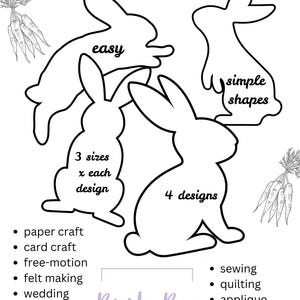 May include: Printable Bunny Templates featuring four black outline rabbit shapes, carrot illustrations, and text including Printable Bunny Templates, easy, simple shapes, 3 sizes x each design, 4 designs, and the brand name Bush Boo DESIGNS 2024.