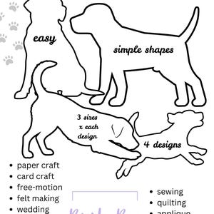 Peut inclure: Modèles de chiens imprimables avec quatre silhouettes de chiens en noir, des empreintes de pattes et du texte incluant Printable Dog Templates, easy, simple shapes, 3 sizes x each design, 4 designs, et Bush Boo DESIGNS 2024 avec des usages.