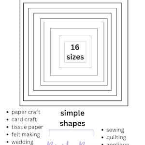 Puede incluir: Un gráfico digital en blanco y negro con el texto Printable Square Templates y 16 sizes dentro de un diseño de cuadrados anidados. Debajo hay listas de aplicaciones de manualidades y el nombre de la marca Bush Boo DESIGNS 2024.