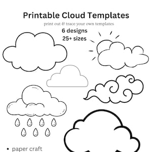 May include: Printable cloud templates with 6 different designs in 25+ sizes. The designs include a basic cloud, a cloud with rain, a cloud with a sun, a fluffy cloud, a swirl cloud, and a large cloud. The text "Printable Cloud Templates" is at the top of the image. The text "print out & trace your own templates" is below the title. The text "6 designs" is below the first line of text. The text "25+ sizes" is below the second line of text. The text "Bush Boo Designs 2024" is in the bottom center of the image. The text "paper craft, card craft, tissue paper, felt making, wedding decor, birthday decorations" is on the left side of the image. The text "sewing, quilting, applique, scrapbooking, bunting, mood boards" is on the right side of the image.