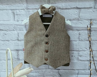 Boys "Arthur" Taupe Brown Herringbone Tweed Wool Waistcoat baby brown tweed waistcoat boys Occasionwear Pageboy taupe brown Tweed waistcoat