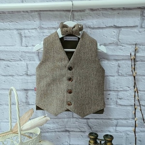 Boys "Arthur" Taupe Brown Herringbone Tweed Wool Waistcoat baby brown tweed waistcoat boys Occasionwear Pageboy taupe brown Tweed waistcoat