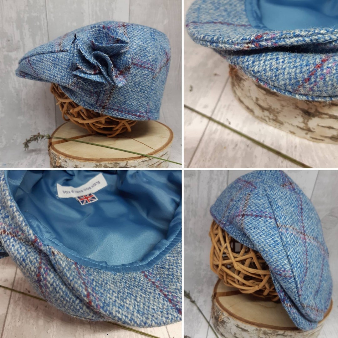 Baby Blue Check Tweed Wool Flat Cap,blue Check Flatcap, Newborn Flat