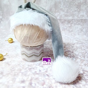 Baby Santa Hat Photo Prop: Silver Grey Velvet, White Faux Fur Pom-Pom