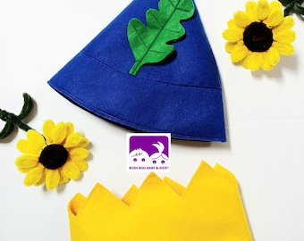 Handmade Blue Felt Elf Hat and Yellow Felt Crown for a Fairy Kingdom costume
