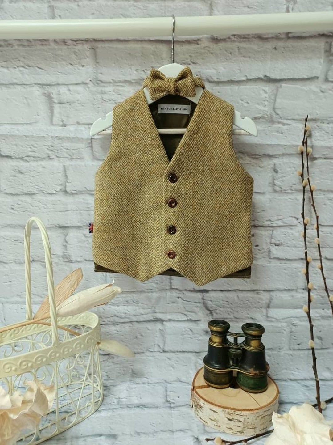 Boys Finn Antique Gold Herringbone Tweed Wool Waistcoat Baby Tweed