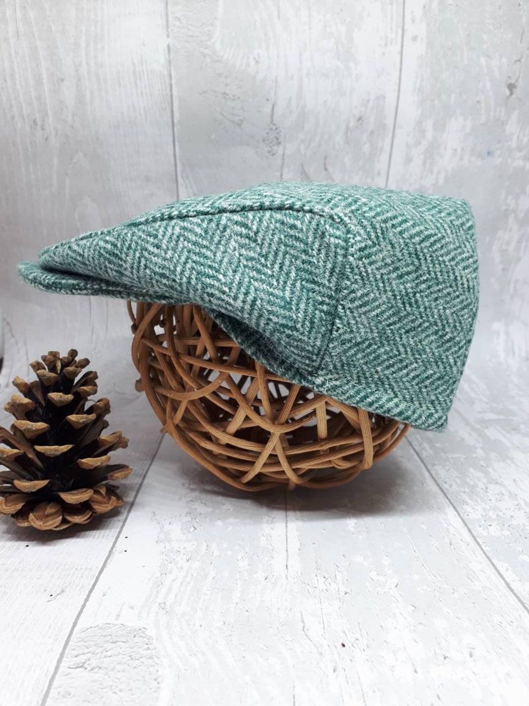 Baby Green Herringbone Tweed Wool Flat Cap Baby Green Flatcap Green