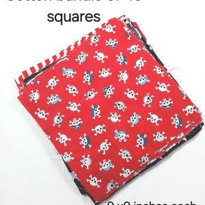 May include: A cotton bundle of 46 squares, each measuring 22.86 x 22.86 cm. The squares feature a red background with white skull and crossbones patterns. Some skulls have blue accents. Other squares have red and white stripes.