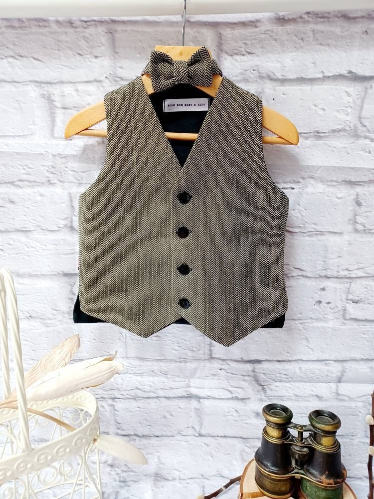 Boys Black Herringbone Organic Cotton Waistcoat, Pageboy Ringbearer Outfit