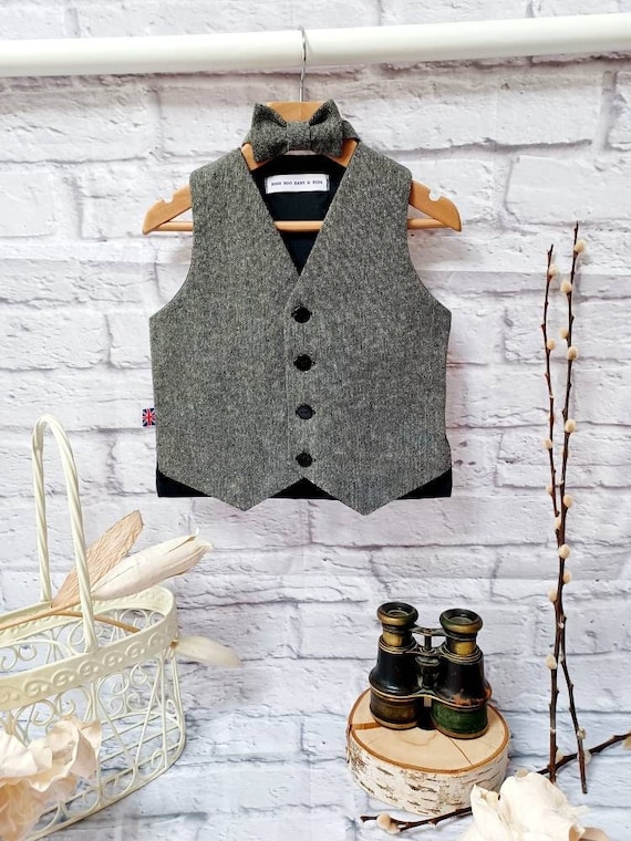 Boys Tommy Black grey Tweed Wool Waistcoat baby Monochrome Tweed