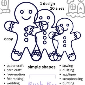 Op de afbeelding: Een digitaal sjabloonblad met drie donkerblauw omlijnde peperkoekmannetjes in verschillende maten. De tekst luidt Printable Gingerbread Man Templates, 1 design, 10 sizes, easy, simple shapes en Bush Boo DESIGNS 2024, met lijsten van knutseltoepassingen.