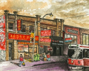 Arte de Toronto // Acuarela Giclee Impresión // Impresión Giclee de pintura acuarela original - Chinatown Toronto (Edición limitada)