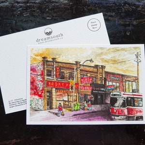 Carte postale de Toronto / Art de Toronto / Cartes postales sur le thème de Toronto / Carte postale aquarelle / Quartier chinois de Toronto