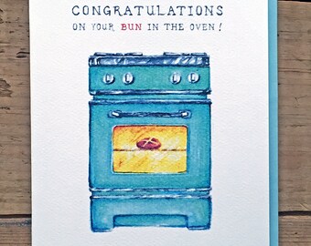 Nieuwe Baby kaart / / nieuwe Baby aankondiging / / broodjes in de Oven / / Proficiat Card / / gefeliciteerd op uw broodje in de Oven