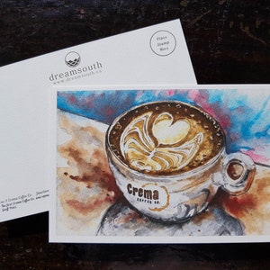 Carte postale de Toronto / Art de Toronto / Cartes postales sur le thème de Toronto / Carte postale aquarelle / Art du café / Art du latte / Crema Coffee Co - Junction
