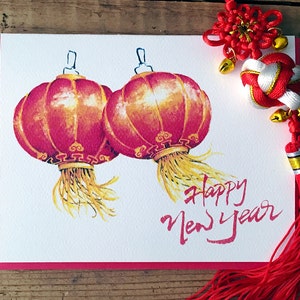 Cartão de Ano Novo Chinês, Cartão de Lanterna Chinesa, Cartão CNY / Cartão Lunar / Cartão de Ano Novo Lunar / Lanterna Vermelha / Lanternas Vermelhas / Cartão de Ano Novo