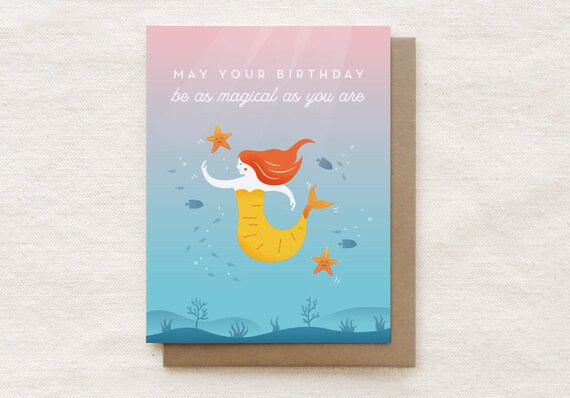 Cute Mermaid Birthday Card Illustrated Birthday Card for Best | Etsy