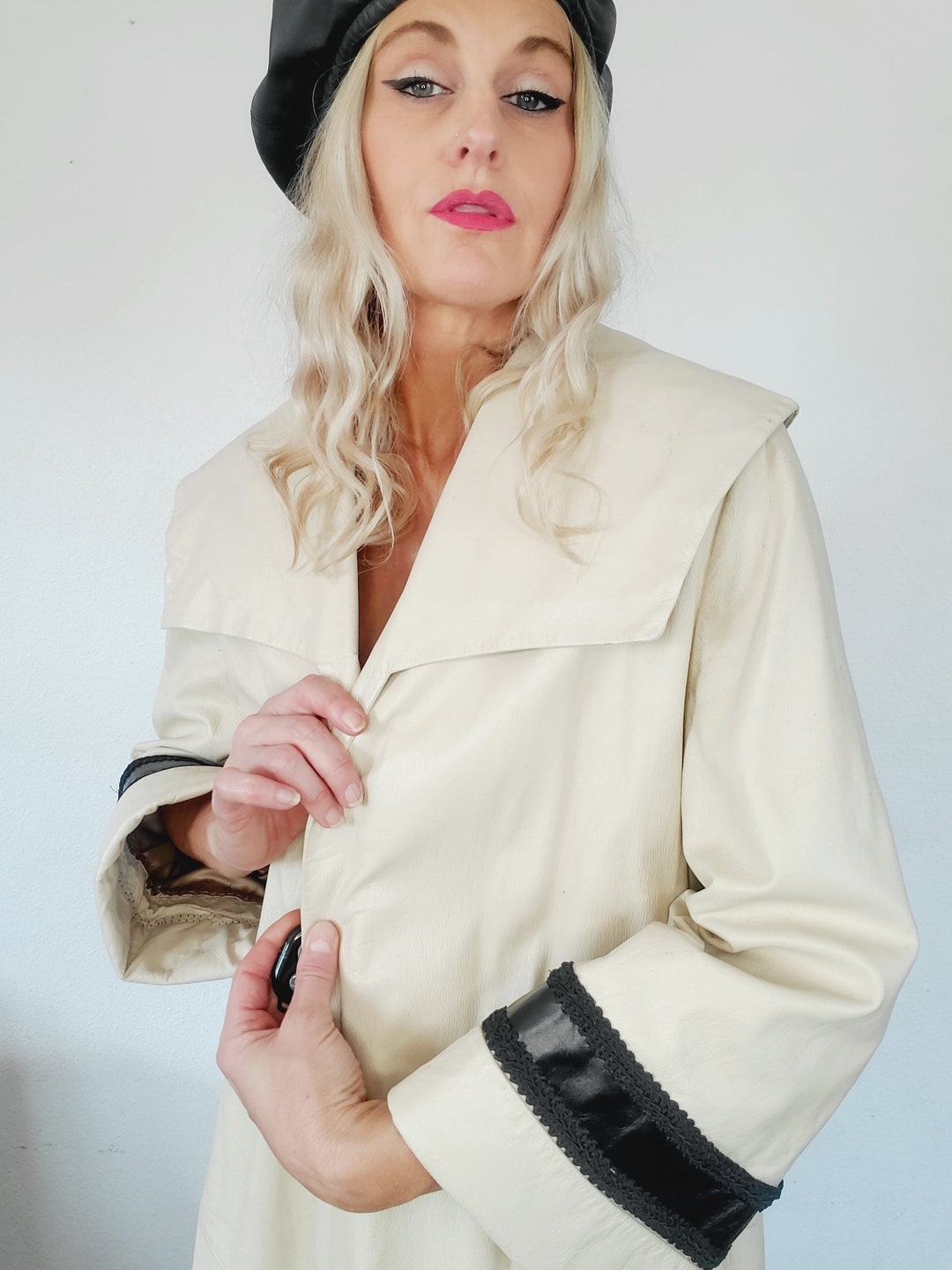 Vintage Cream Beige Camp Collar Leather Jacket S M 14