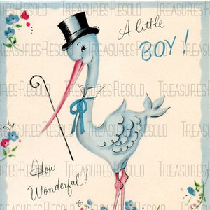 Storch viktorianischen Vintage Style Baby Boy Glückwünsche Grüße Karte leer Storch viktorianischen Vintage Style Baby Boy Glückwünsche Grüße Karte leer