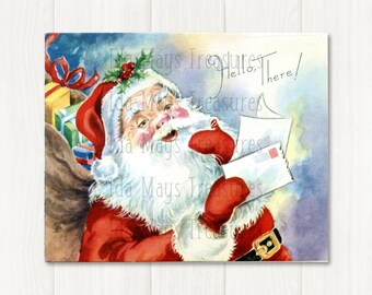 Vintage Santa Claus Reading Lertters Christmas Card Image, Digital Download #457