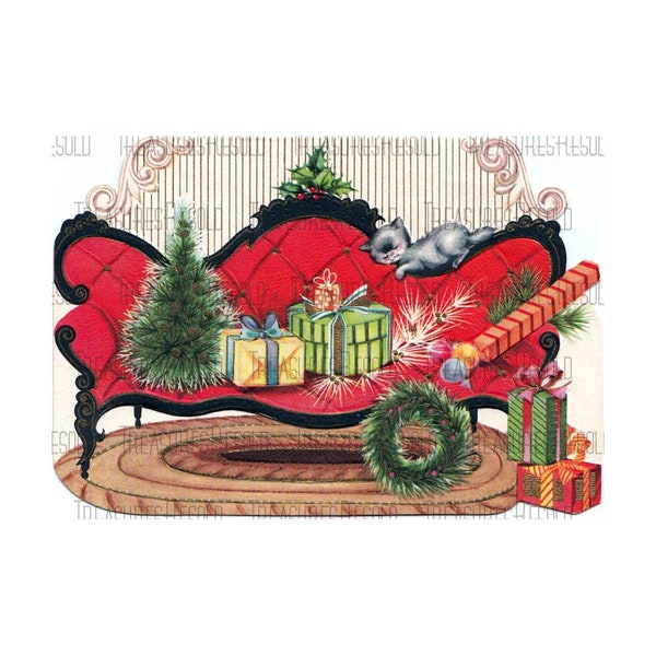 Victorian Sofa Couch With Presents Wreath Christmas Tree Kitty Cat Christmas Image #535 Digital Download