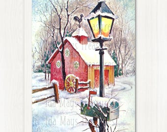 Vintage Snowy Barn Lamp Post Country Christmas Card Image, Digital Download #706