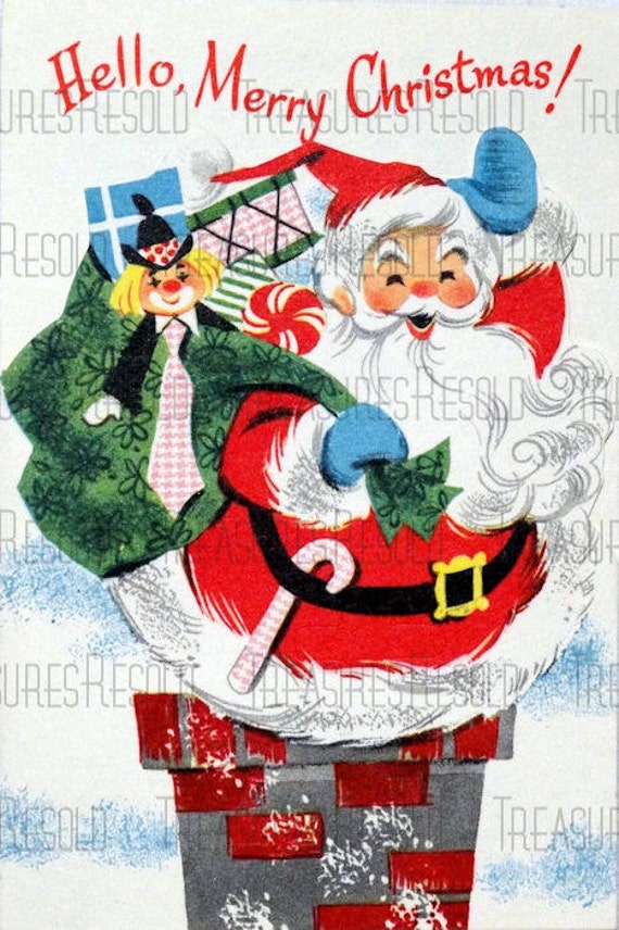 Retro Santa Going Down Chimney With Sack of Toys Christmas Image