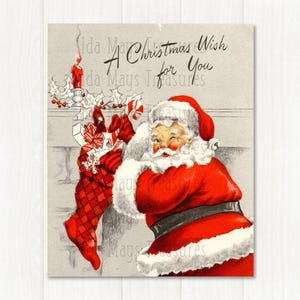 Retro kerstman die een kerstsok vult Kerstafbeelding #521 Digitale download