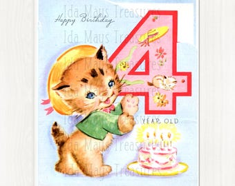 Vintage Happy Birthday 4 Year Old Kitten Card Image, Digital Download #12