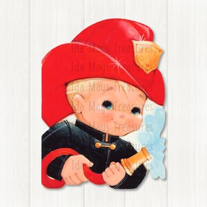 May include: A die-cut illustration of a child wearing a bright red firefighter helmet with a gold-coloured shield emblem. The child wears a black jacket and holds a tan fire hose nozzle that sprays a light blue stream of water to the right side.