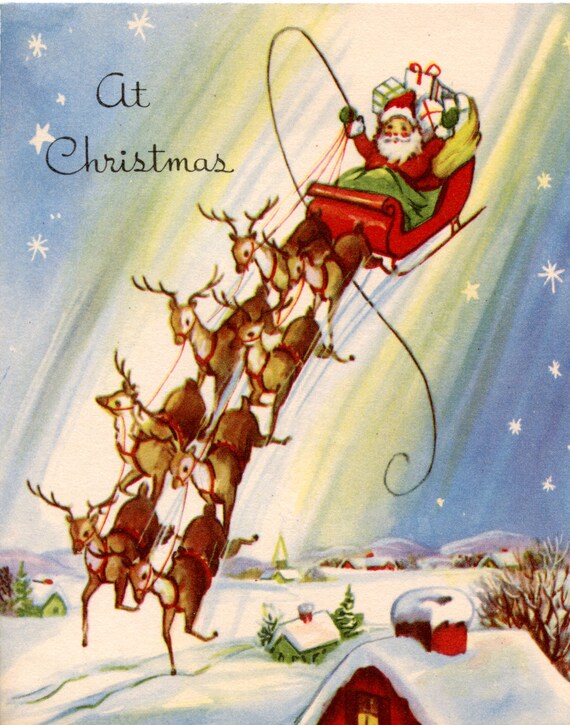 Pere Noel Vintage Traineau Rennes Maison Datterrissage Top Etsy