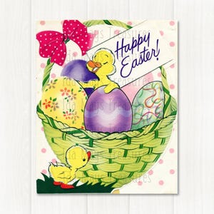 Retro Küken im mit Eiern gefüllten Osterkorb Frohe Ostern Bild #675 Digital Download